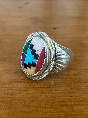 Vintage Native Sterling Silver Mosaic Multi Gemstone Inlay Men's Ring size 12